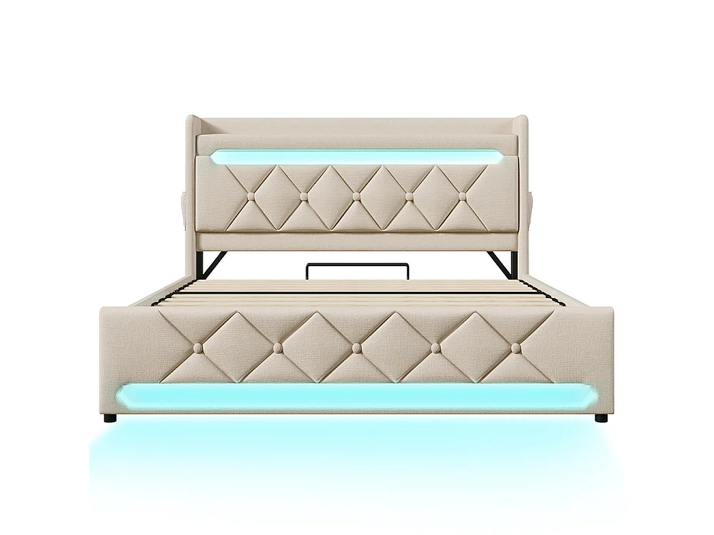 Lit adulte, avec ports USB et Type-C, éclairage LED à 360° à la tête et au pied du lit, tissu en lin, beige-140 × 190 cm