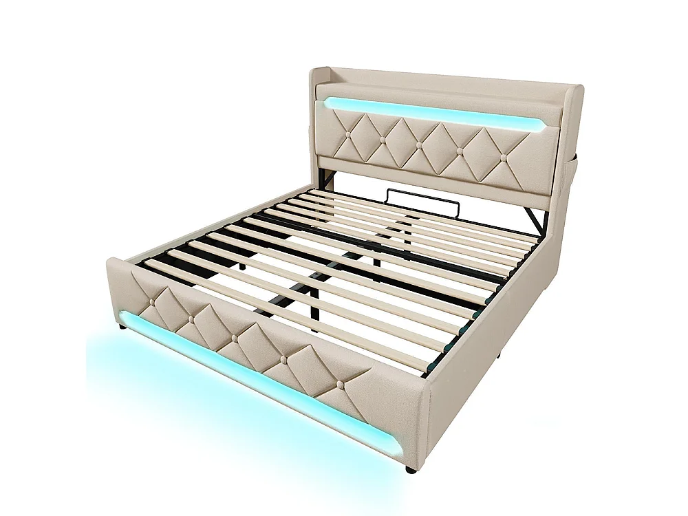 Lit adulte, avec ports USB et Type-C, éclairage LED à 360° à la tête et au pied du lit, tissu en lin, beige-140 × 190 cm