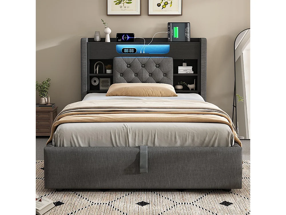 Lit adulte avec fonction de recharge USB/Type-C, en lin, couleur gris - 90 x 200 cm