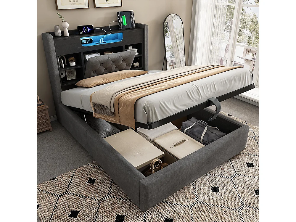 Lit adulte avec fonction de recharge USB/Type-C, en lin, couleur gris - 90 x 200 cm