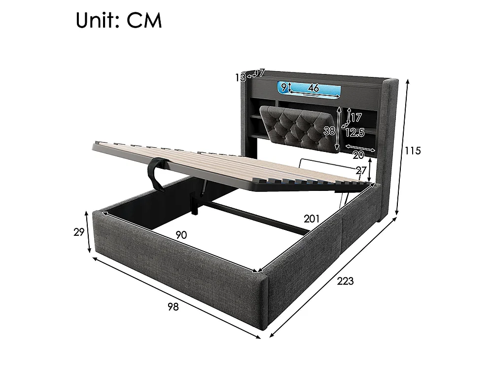 Lit adulte avec fonction de recharge USB/Type-C, en lin, couleur gris - 90 x 200 cm