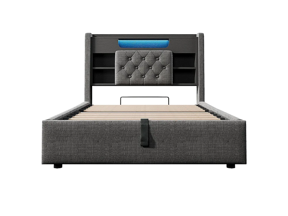 Lit adulte avec fonction de recharge USB/Type-C, en lin, couleur gris - 90 x 200 cm