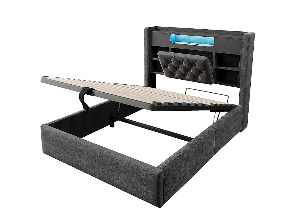 Lit adulte avec fonction de recharge USB/Type-C, en lin, couleur gris - 90 x 200 cm