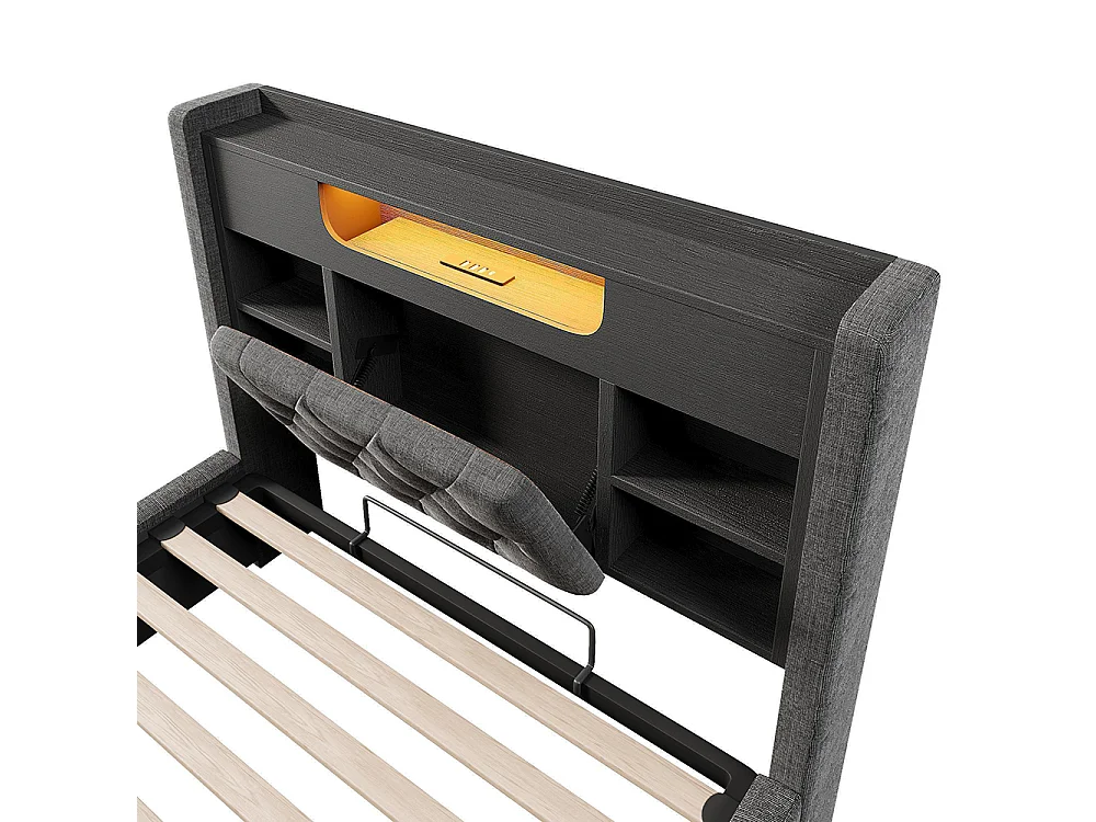 Lit adulte avec fonction de recharge USB/Type-C, en lin, couleur gris - 90 x 200 cm