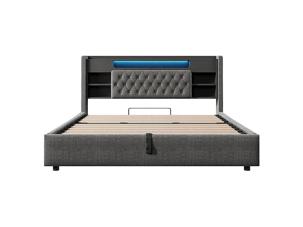 Lit adulte avec fonction de recharge USB/Type-C, en lin, couleur gris - 180 x 200 cm