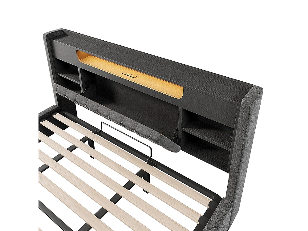 Lit adulte avec fonction de recharge USB/Type-C, en lin, couleur gris - 180 x 200 cm