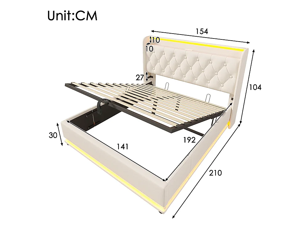 Lit pour adulte, éclairage LED à 360°, en PU, avec port de recharge USB Type-C, blanc - 140 × 190 cm