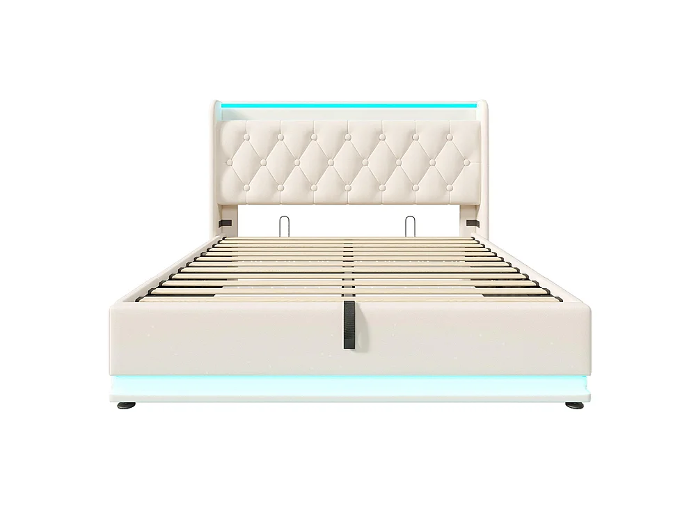Lit pour adulte, éclairage LED à 360°, en PU, avec port de recharge USB Type-C, blanc - 140 × 190 cm