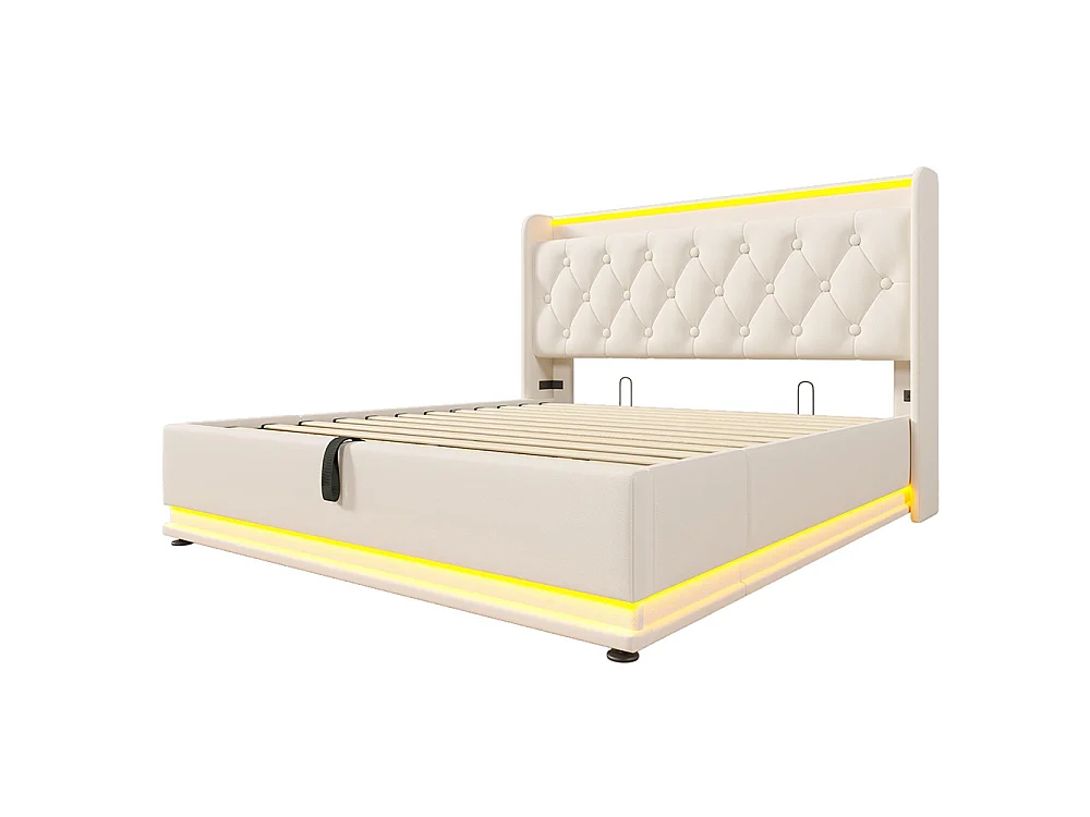 Lit pour adulte, éclairage LED à 360°, en PU, avec port de recharge USB Type-C, blanc - 140 × 190 cm