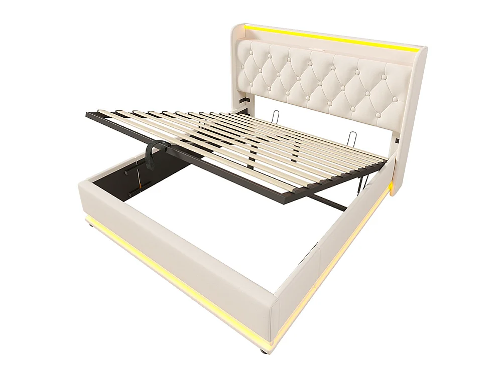 Lit pour adulte, éclairage LED à 360°, en PU, avec port de recharge USB Type-C, blanc - 140 × 190 cm