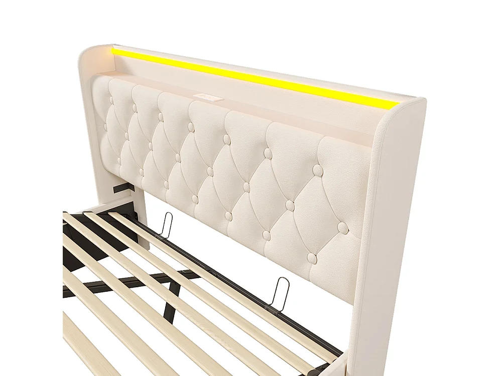 Lit pour adulte, éclairage LED à 360°, en PU, avec port de recharge USB Type-C, blanc - 140 × 190 cm