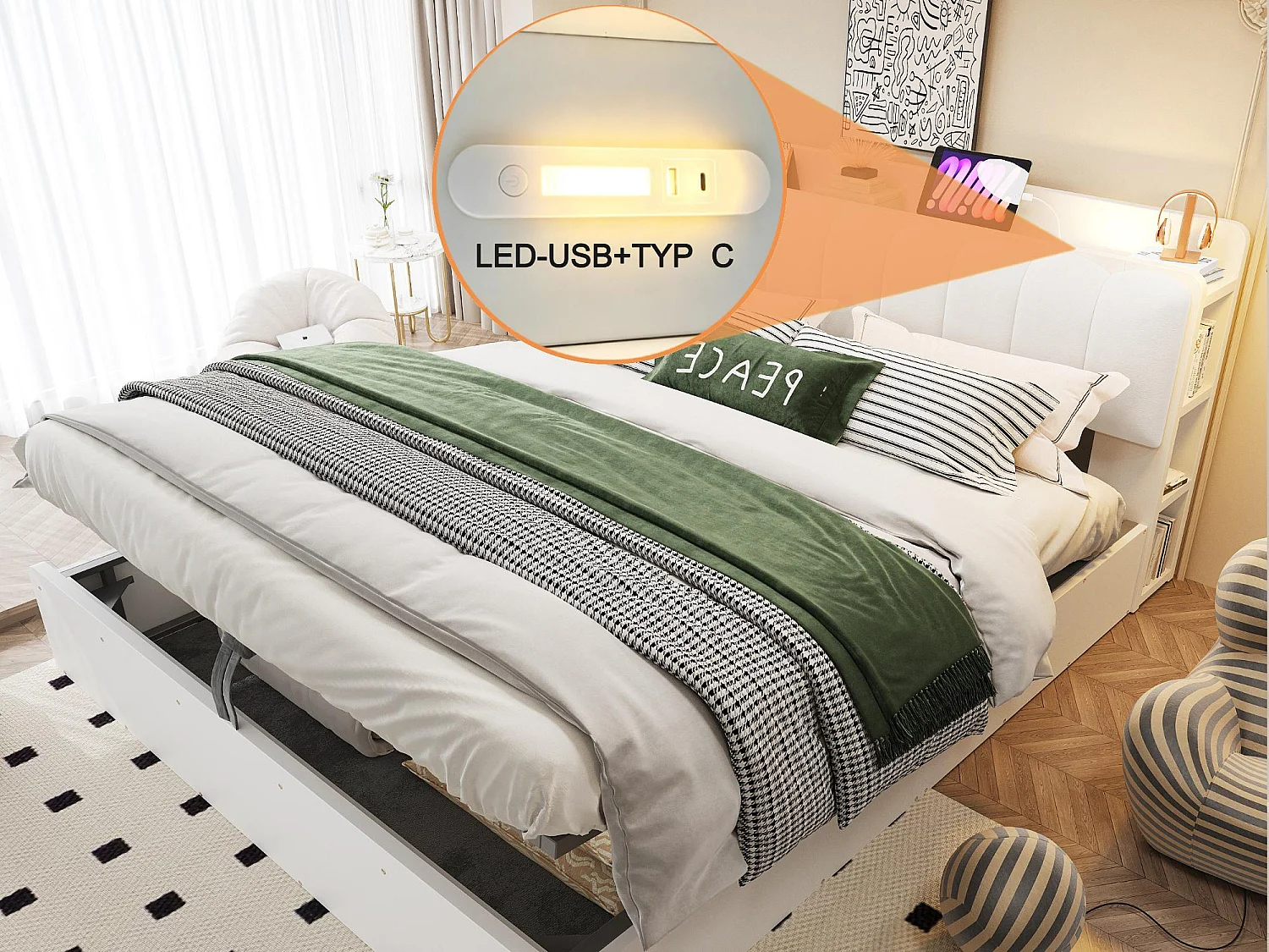 Lit Coffre Adulte en Bois avec Rangement, Port USB et Veilleuse Intégrée - Tête de Lit Rembourrée Velours - Lit Double 140x200 / 180x200 cm