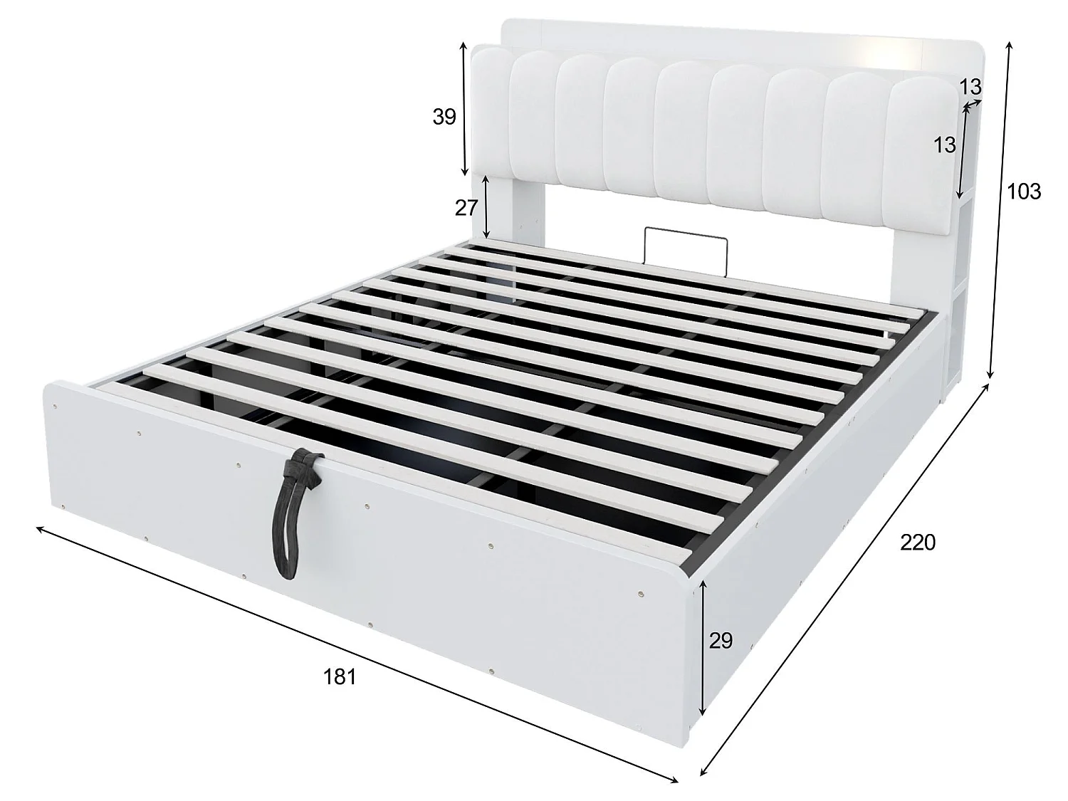 Lit Coffre Adulte en Bois avec Rangement, Port USB et Veilleuse Intégrée - Tête de Lit Rembourrée Velours - Lit Double 140x200 / 180x200 cm
