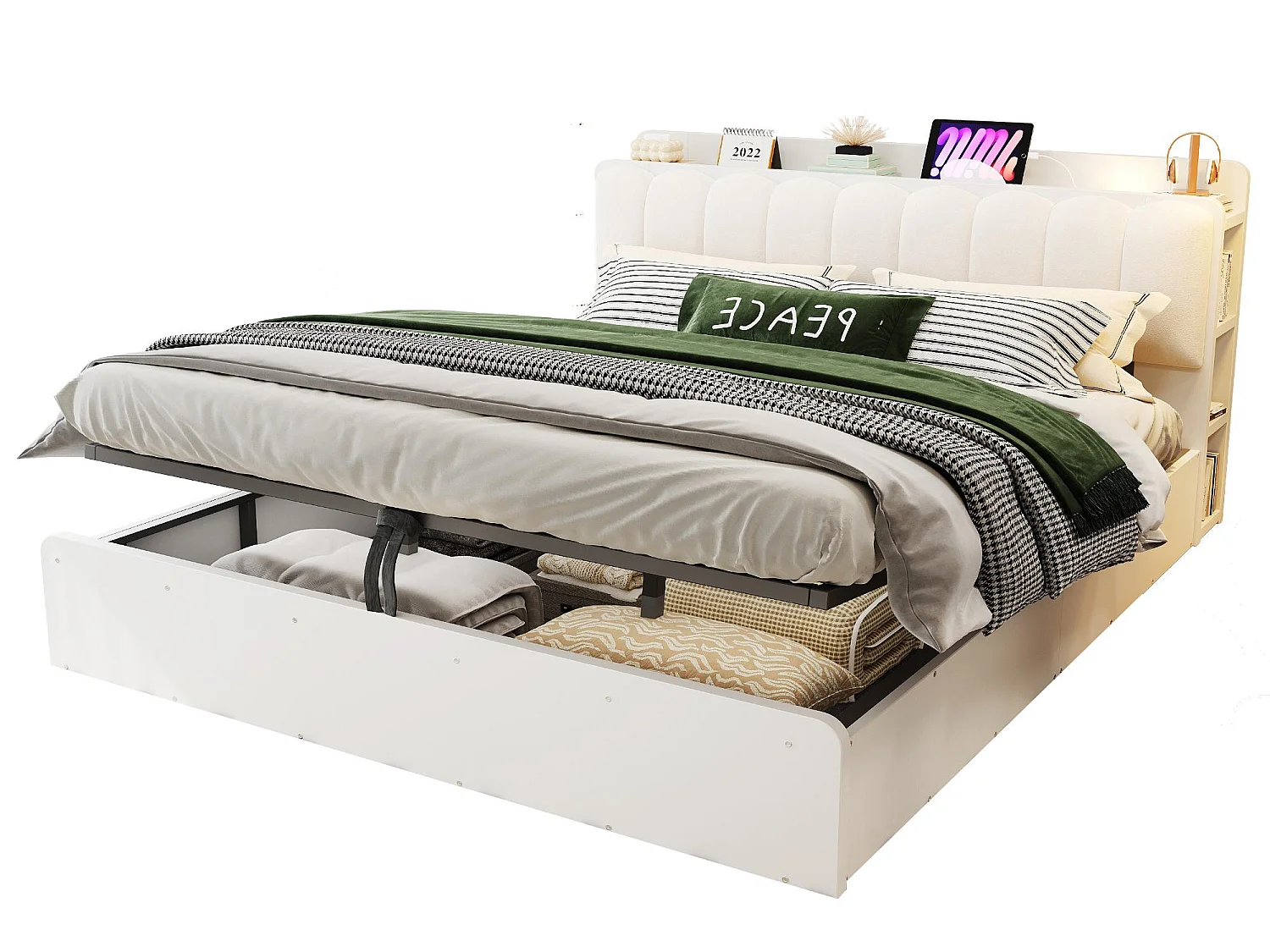 Lit Coffre Adulte en Bois avec Rangement, Port USB et Veilleuse Intégrée - Tête de Lit Rembourrée Velours - Lit Double 140x200 / 180x200 cm