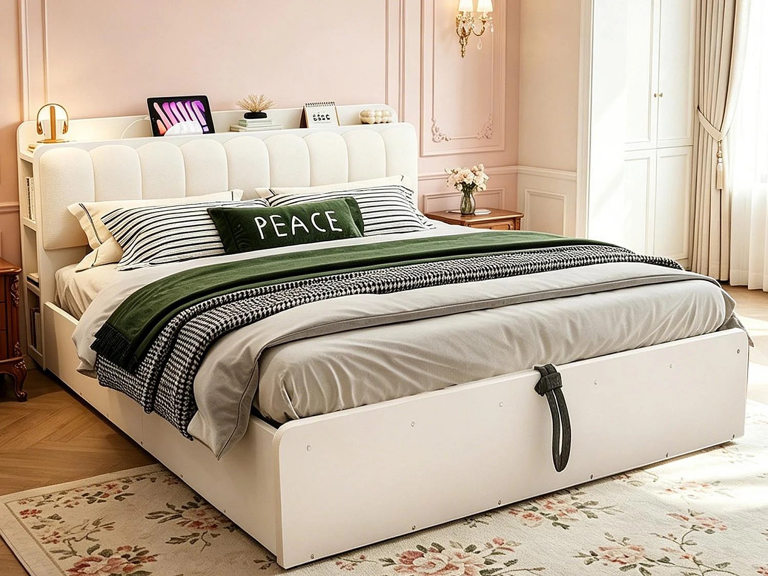 Lit Coffre Adulte en Bois avec Rangement, Port USB et Veilleuse Intégrée - Tête de Lit Rembourrée Velours - Lit Double 140x200 / 180x200 cm