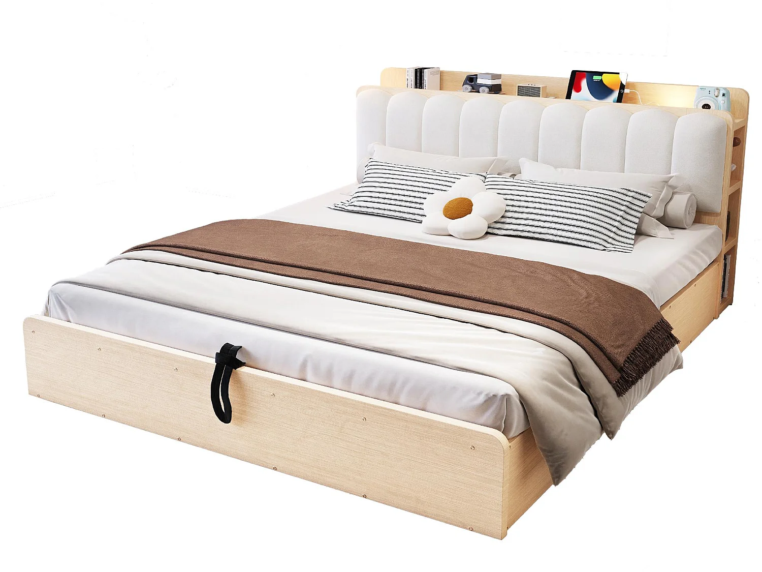 Lit Coffre Adulte en Bois avec Rangement, Port USB et Veilleuse Intégrée - Tête de Lit Rembourrée Velours - Lit Double 180x200 cm
