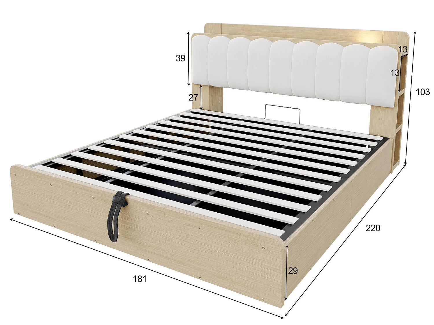 Lit Coffre Adulte en Bois avec Rangement, Port USB et Veilleuse Intégrée - Tête de Lit Rembourrée Velours - Lit Double 180x200 cm
