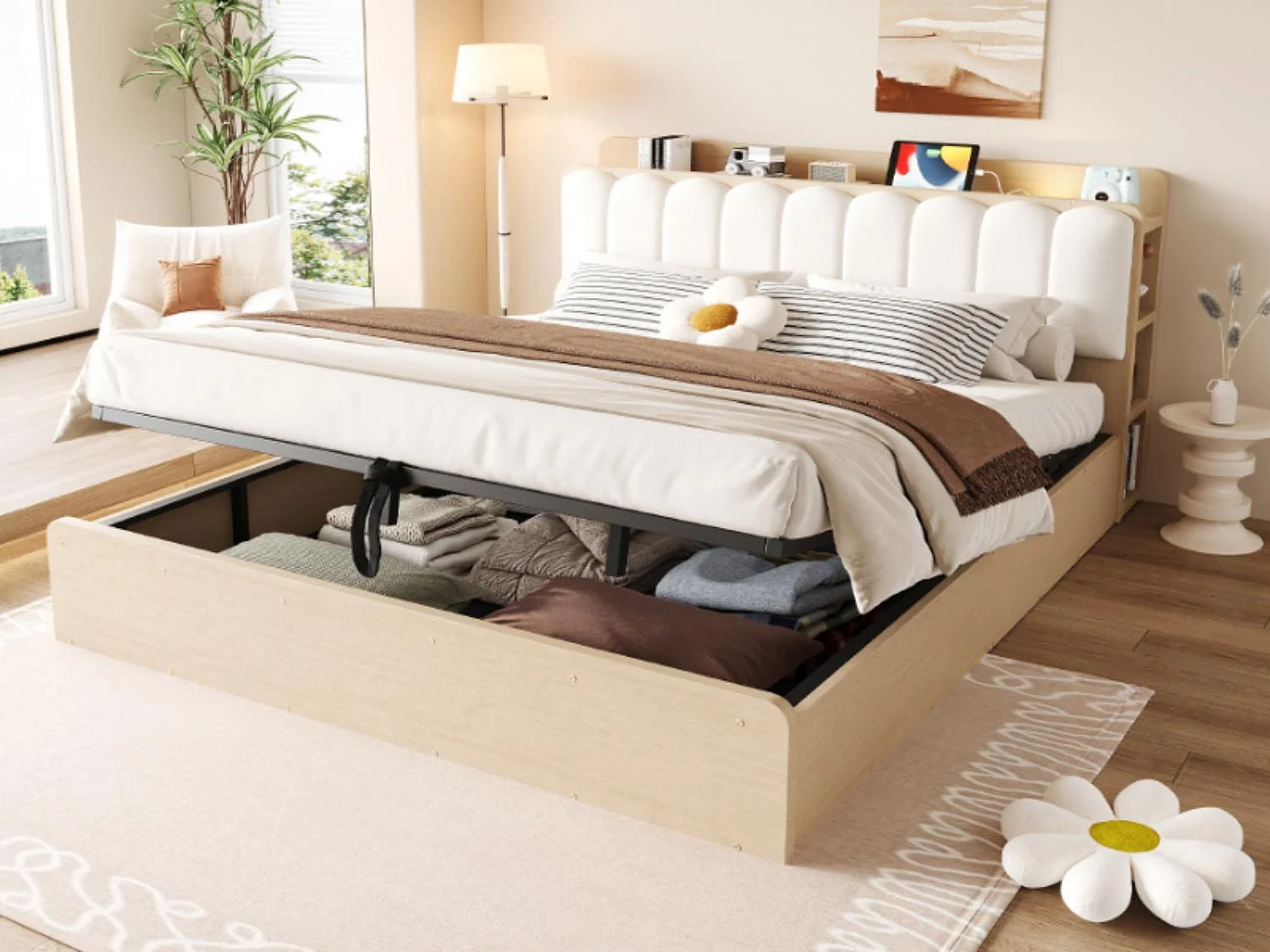 Lit Coffre Adulte en Bois avec Rangement, Port USB et Veilleuse Intégrée - Tête de Lit Rembourrée Velours - Lit Double 180x200 cm