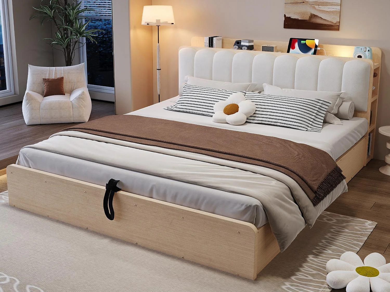 Lit Coffre Adulte en Bois avec Rangement, Port USB et Veilleuse Intégrée - Tête de Lit Rembourrée Velours - Lit Double 180x200 cm