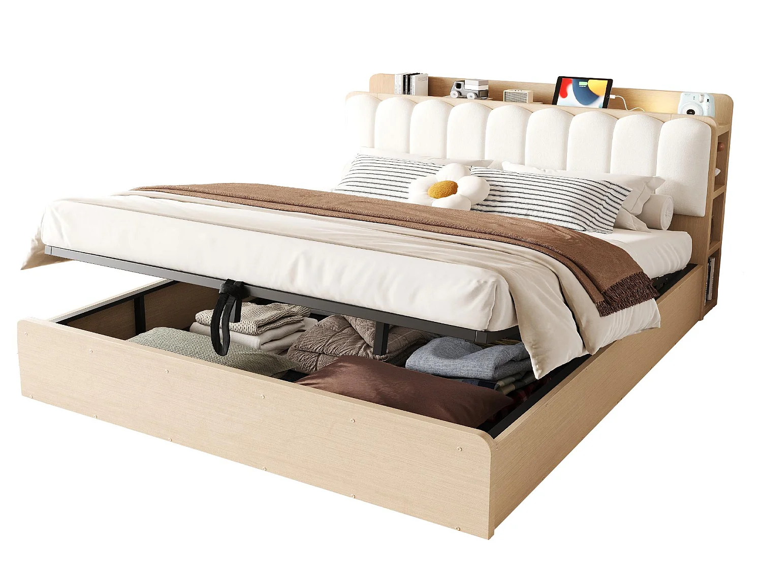 Lit Coffre Adulte en Bois avec Rangement, Port USB et Veilleuse Intégrée - Tête de Lit Rembourrée Velours - Lit Double 180x200 cm