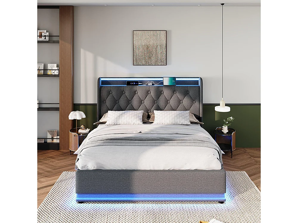 Lit adulte, avec éclairage LED périphérique, en lin, avec port de recharge USB Type-C, gris - 140 × 190 cm