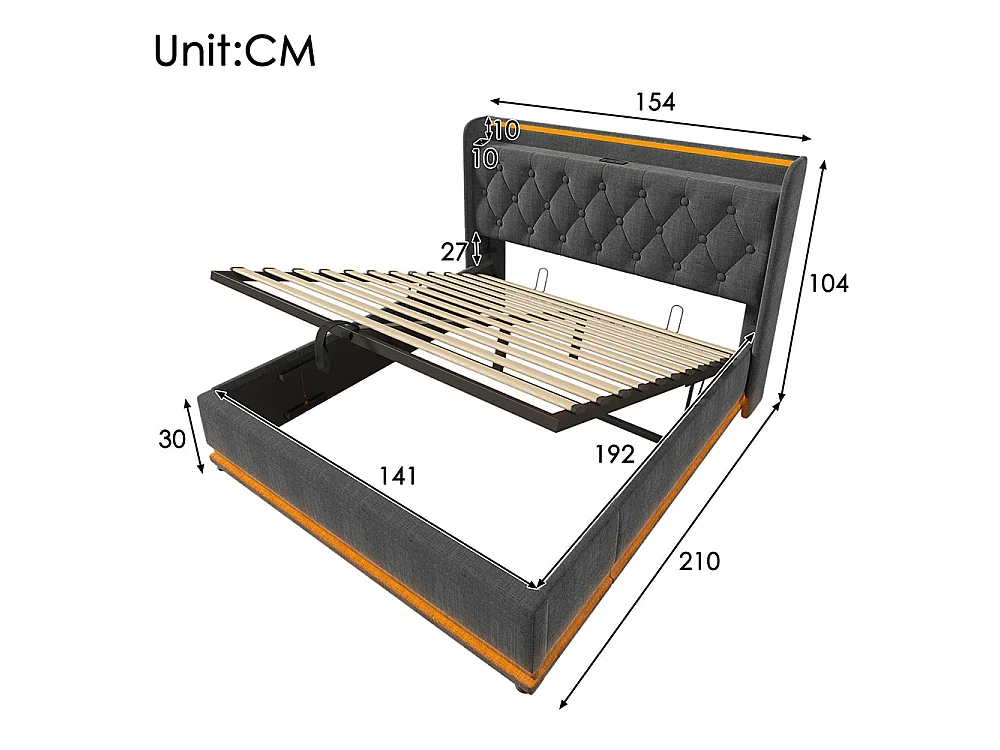 Lit adulte, avec éclairage LED périphérique, en lin, avec port de recharge USB Type-C, gris - 140 × 190 cm