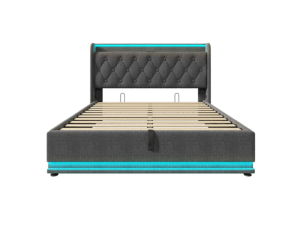 Lit adulte, avec éclairage LED périphérique, en lin, avec port de recharge USB Type-C, gris - 140 × 190 cm