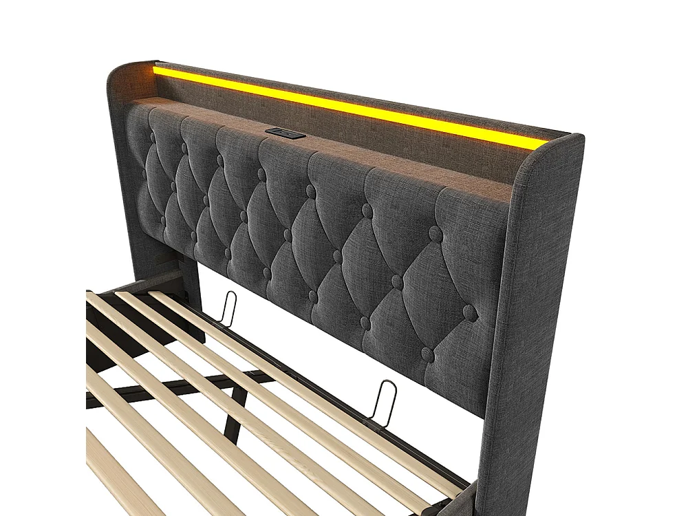 Lit adulte, avec éclairage LED périphérique, en lin, avec port de recharge USB Type-C, gris - 140 × 190 cm