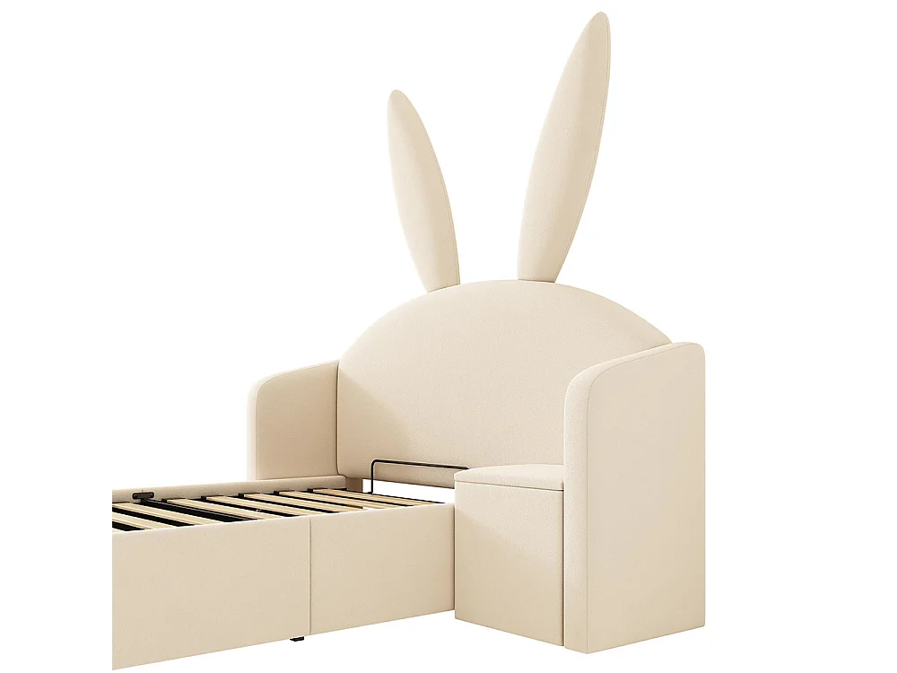 Lit d'enfant, lit capitonné avec table de chevet et oreilles de lapin, velours, beige - 90 x 190 cm
