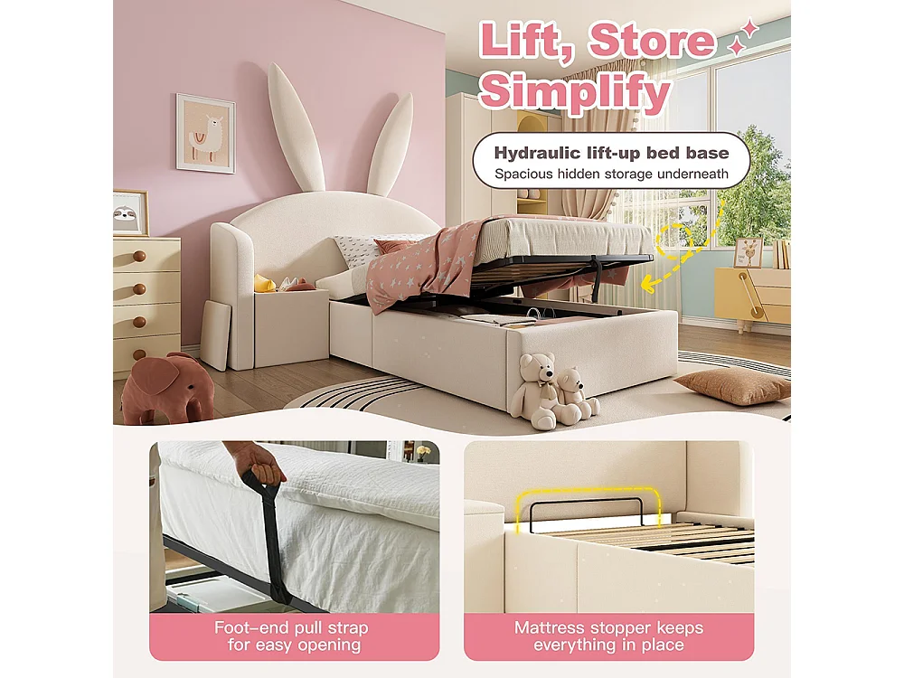 Lit d'enfant, lit capitonné avec table de chevet et oreilles de lapin, velours, beige - 90 x 190 cm