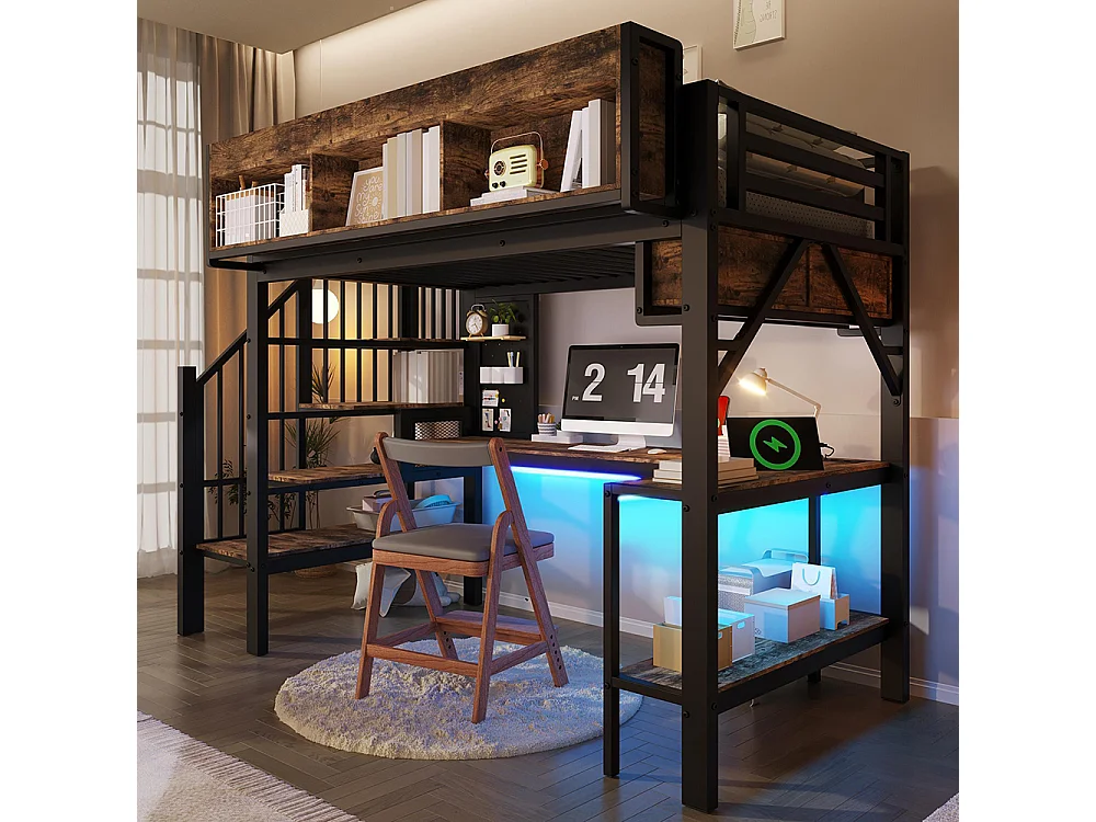 Letto a soppalco, con scrivania angolare, contenitori e pannello forato, dotato di porta USB Type-C e illuminazione a LED, nero - 90 x 200 cm