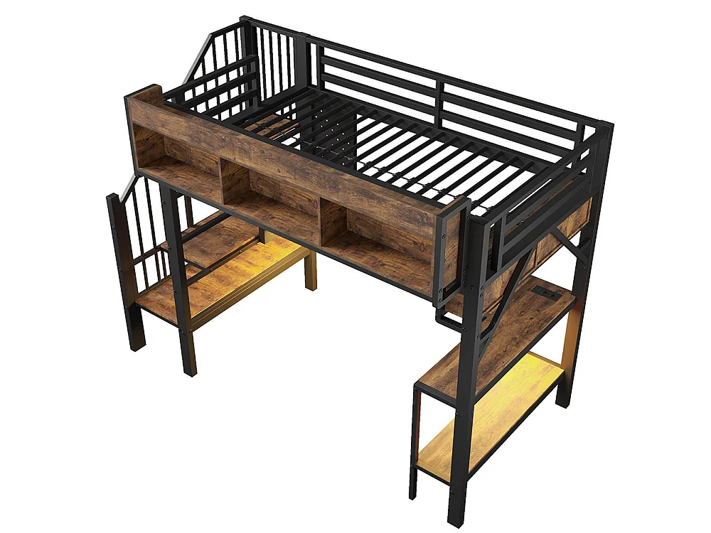 Letto a soppalco, con scrivania angolare, contenitori e pannello forato, dotato di porta USB Type-C e illuminazione a LED, nero - 90 x 200 cm