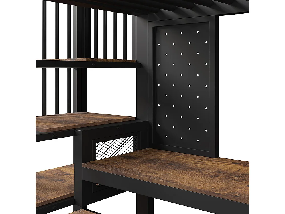 Letto a soppalco, con scrivania angolare, contenitori e pannello forato, dotato di porta USB Type-C e illuminazione a LED, nero - 90 x 200 cm