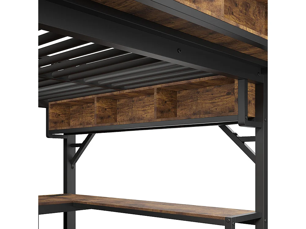 Letto a soppalco, con scrivania angolare, contenitori e pannello forato, dotato di porta USB Type-C e illuminazione a LED, nero - 140 x 200 cm