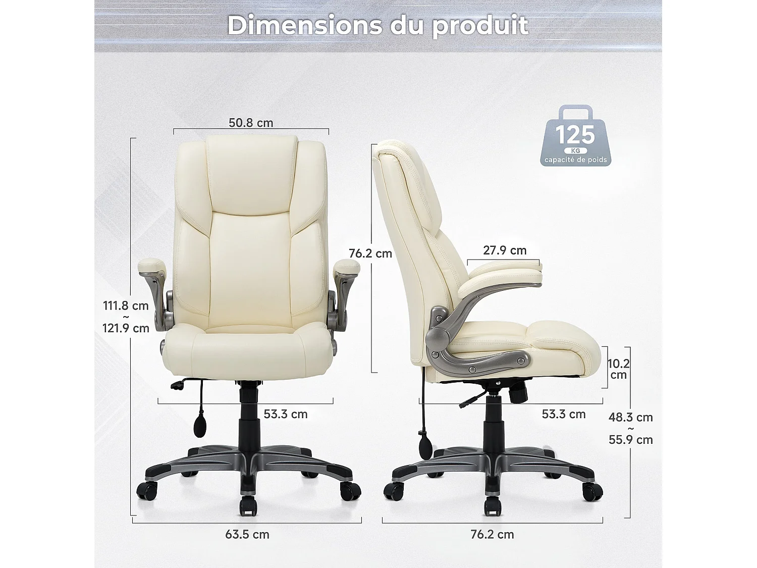 Chaise de bureau ergonomique en similicuir, dossier Inclinable, accoudoirs et hauteur réglables, charge maximale 136 kg - beige