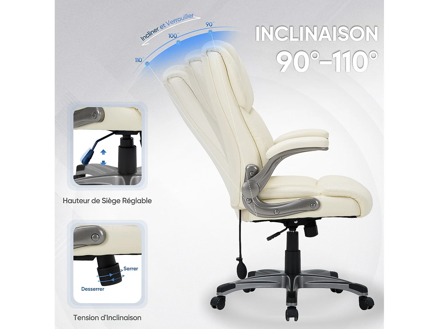 Chaise de bureau ergonomique en similicuir, dossier Inclinable, accoudoirs et hauteur réglables, charge maximale 136 kg - beige