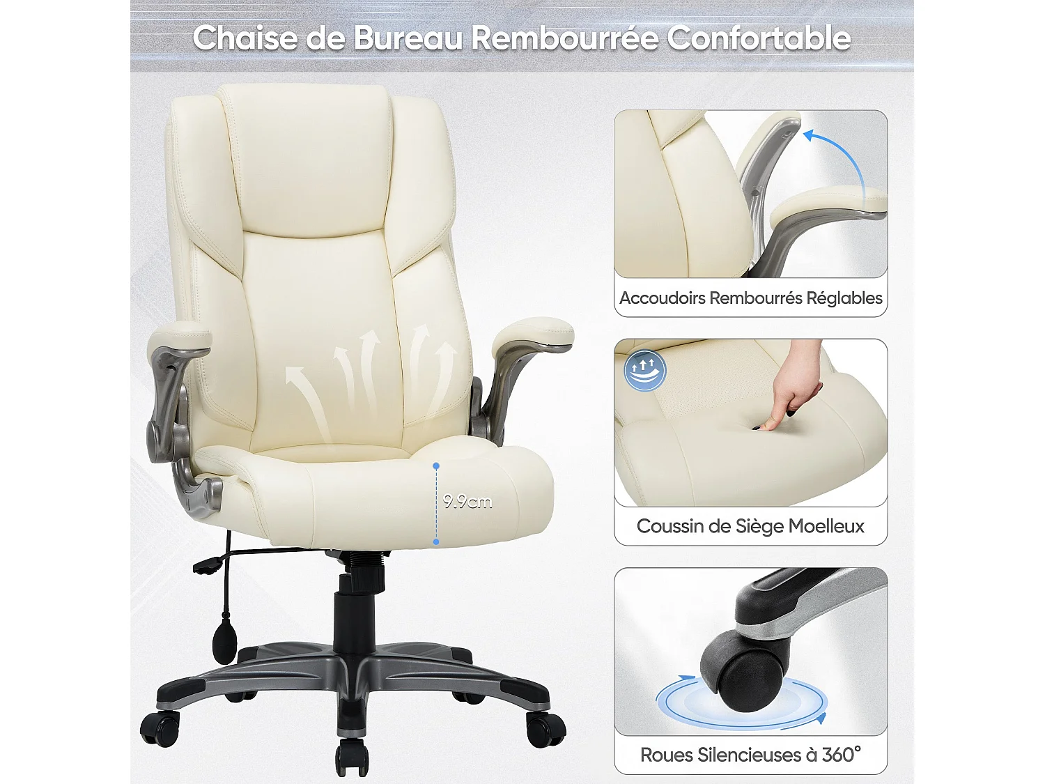 Chaise de bureau ergonomique en similicuir, dossier Inclinable, accoudoirs et hauteur réglables, charge maximale 136 kg - beige