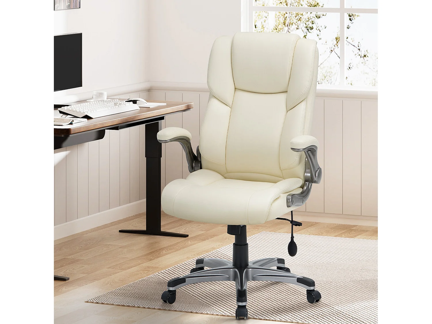 Chaise de bureau ergonomique en similicuir, dossier Inclinable, accoudoirs et hauteur réglables, charge maximale 136 kg - beige