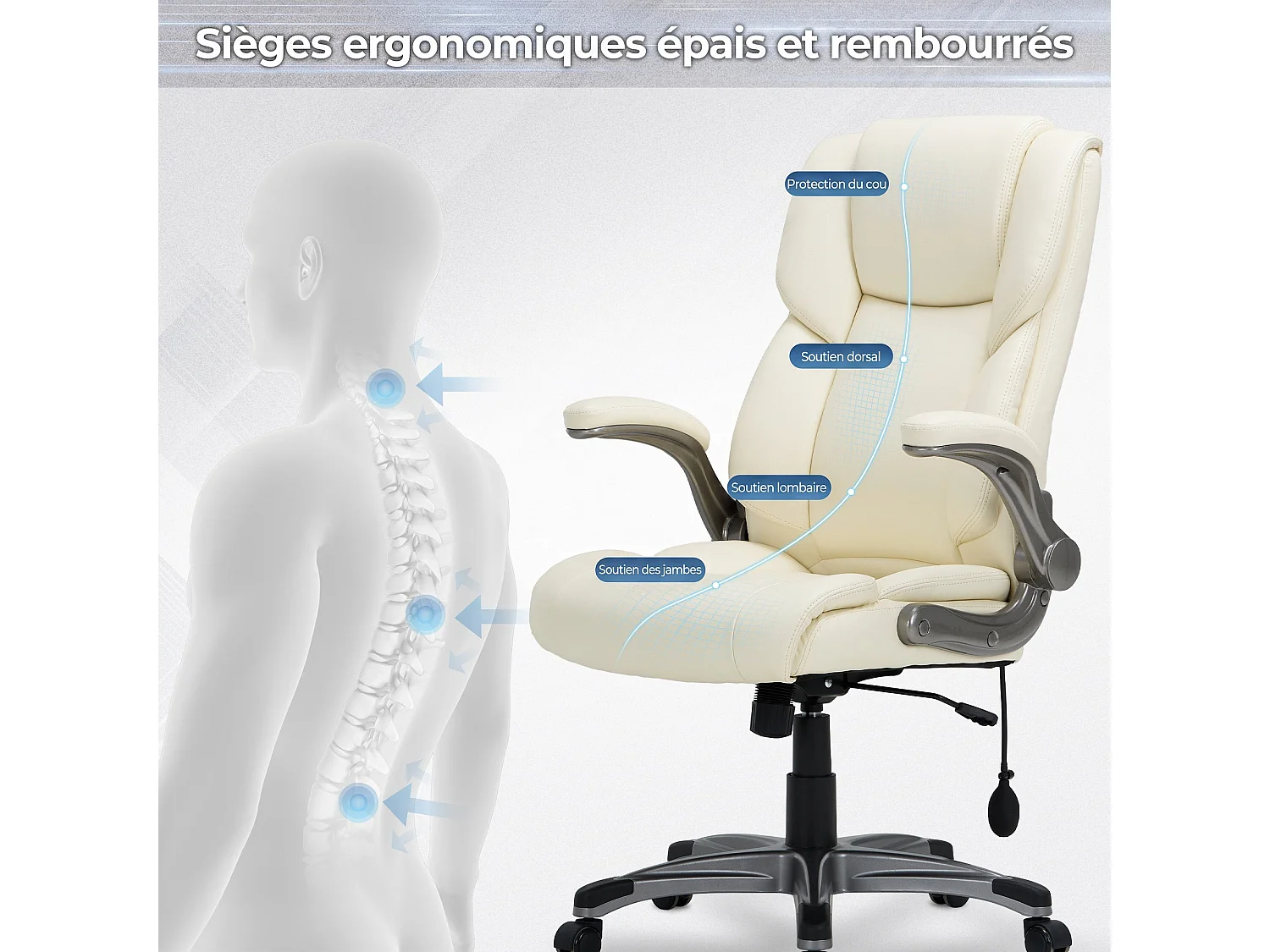 Chaise de bureau ergonomique en similicuir, dossier Inclinable, accoudoirs et hauteur réglables, charge maximale 136 kg - beige