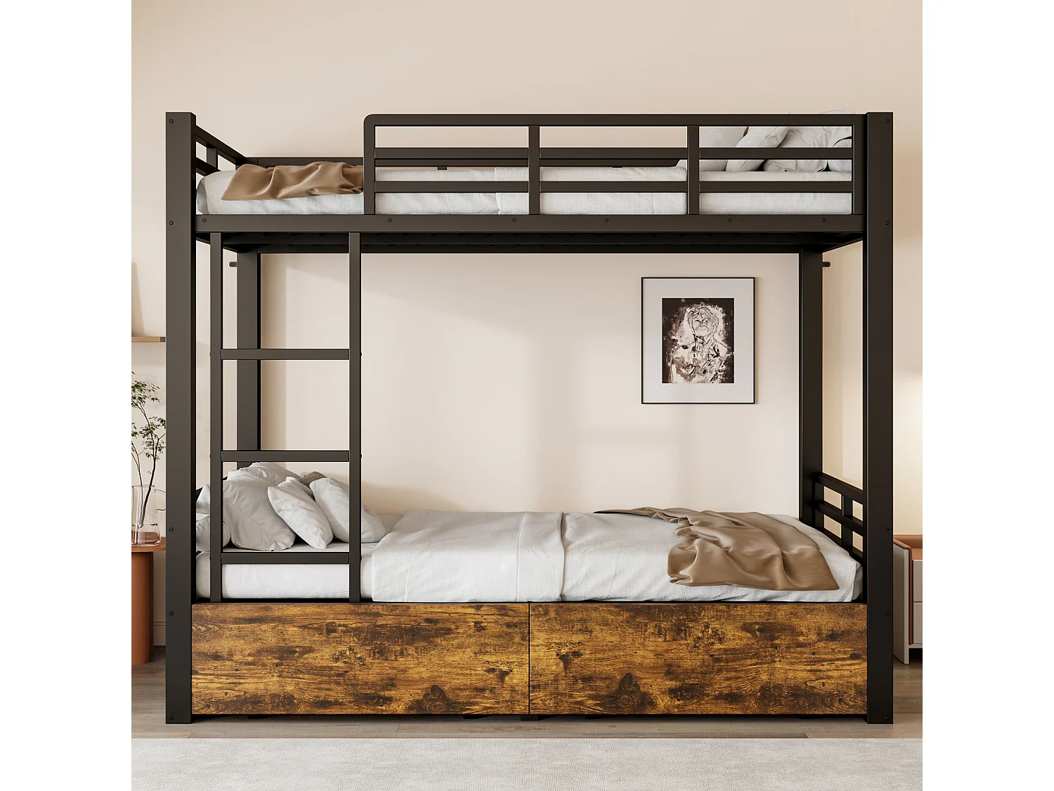 Lit superposé 90x200 cm avec tiroirs et échelle, barrières de sécurité, en métal, noir, sans matelas