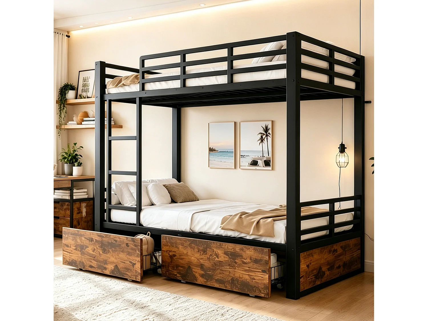 Lit superposé 90x200 cm avec tiroirs et échelle, barrières de sécurité, en métal, noir, sans matelas