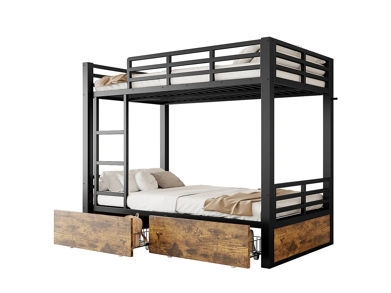 Lit superposé 90x200 cm avec tiroirs et échelle, barrières de sécurité, en métal, noir, sans matelas