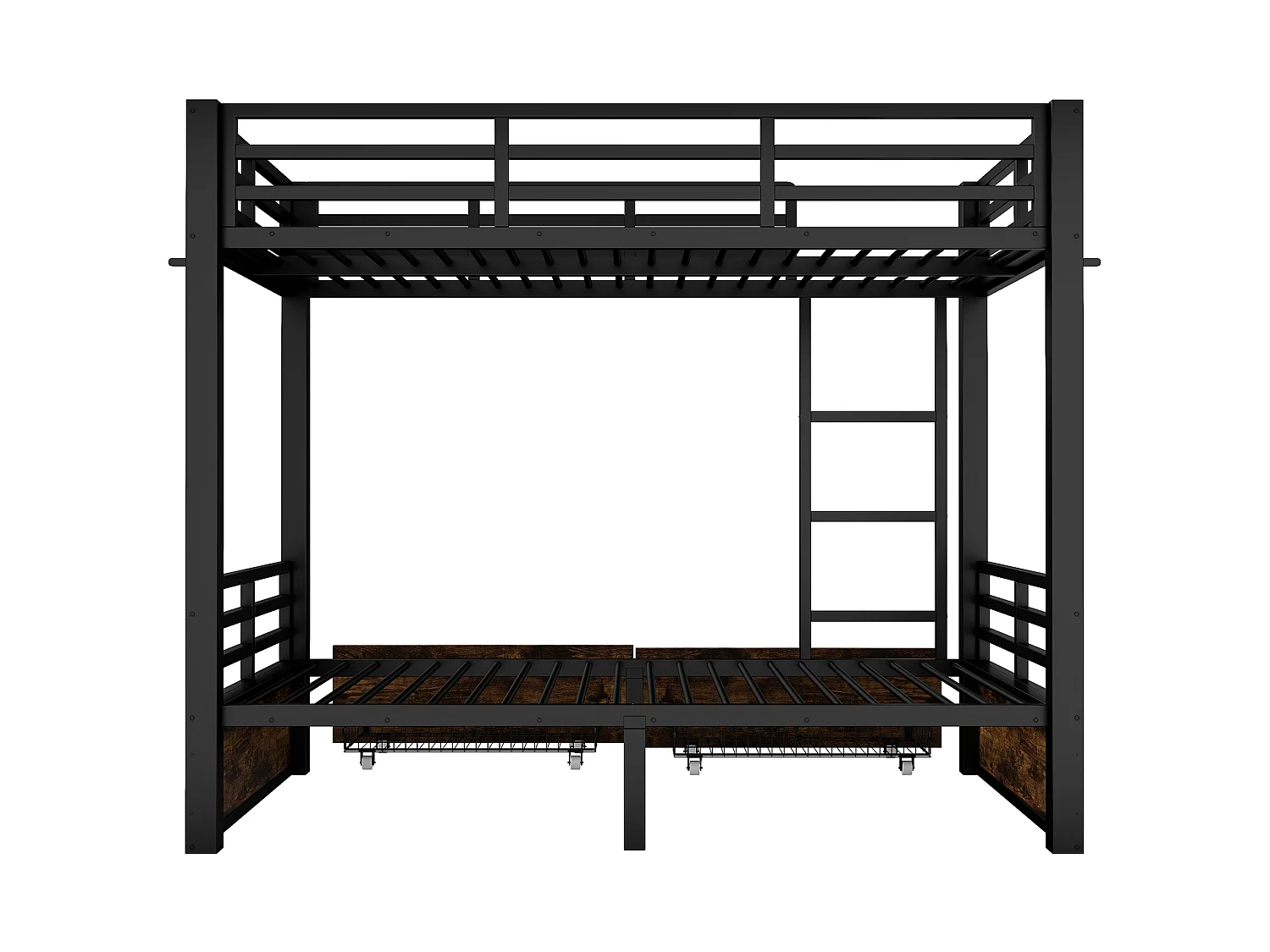 Lit superposé 90x200 cm avec tiroirs et échelle, barrières de sécurité, en métal, noir, sans matelas