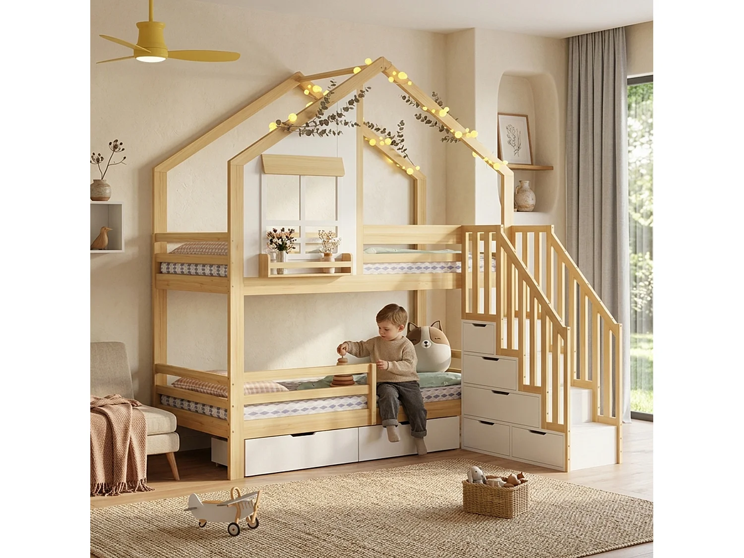 Lit superposé pour enfant 90x200 cm avec tiroirs et escalier de rangement, forme de cabine, en bois, naturel, sans matelas