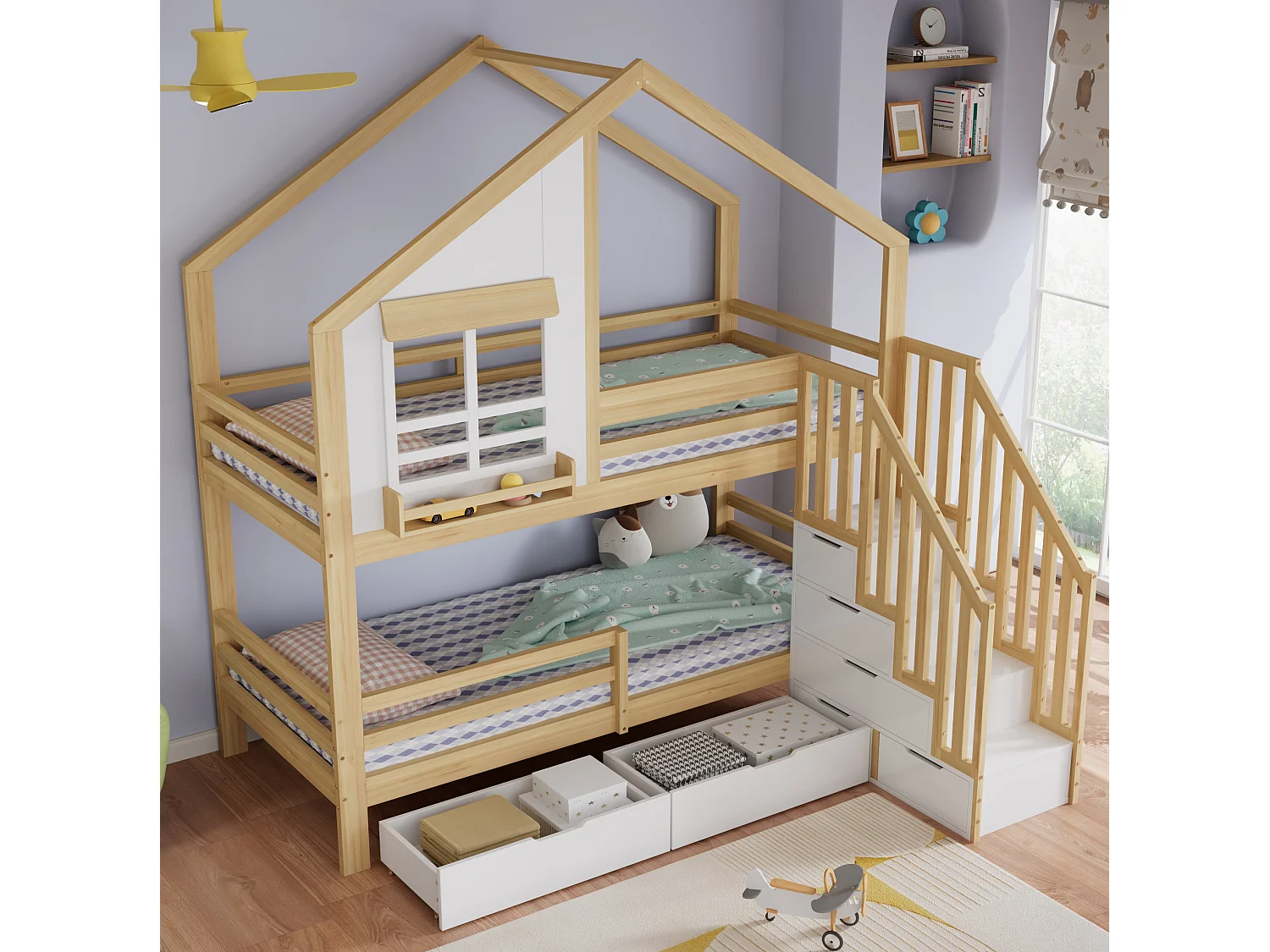 Lit superposé pour enfant 90x200 cm avec tiroirs et escalier de rangement, forme de cabine, en bois, naturel, sans matelas