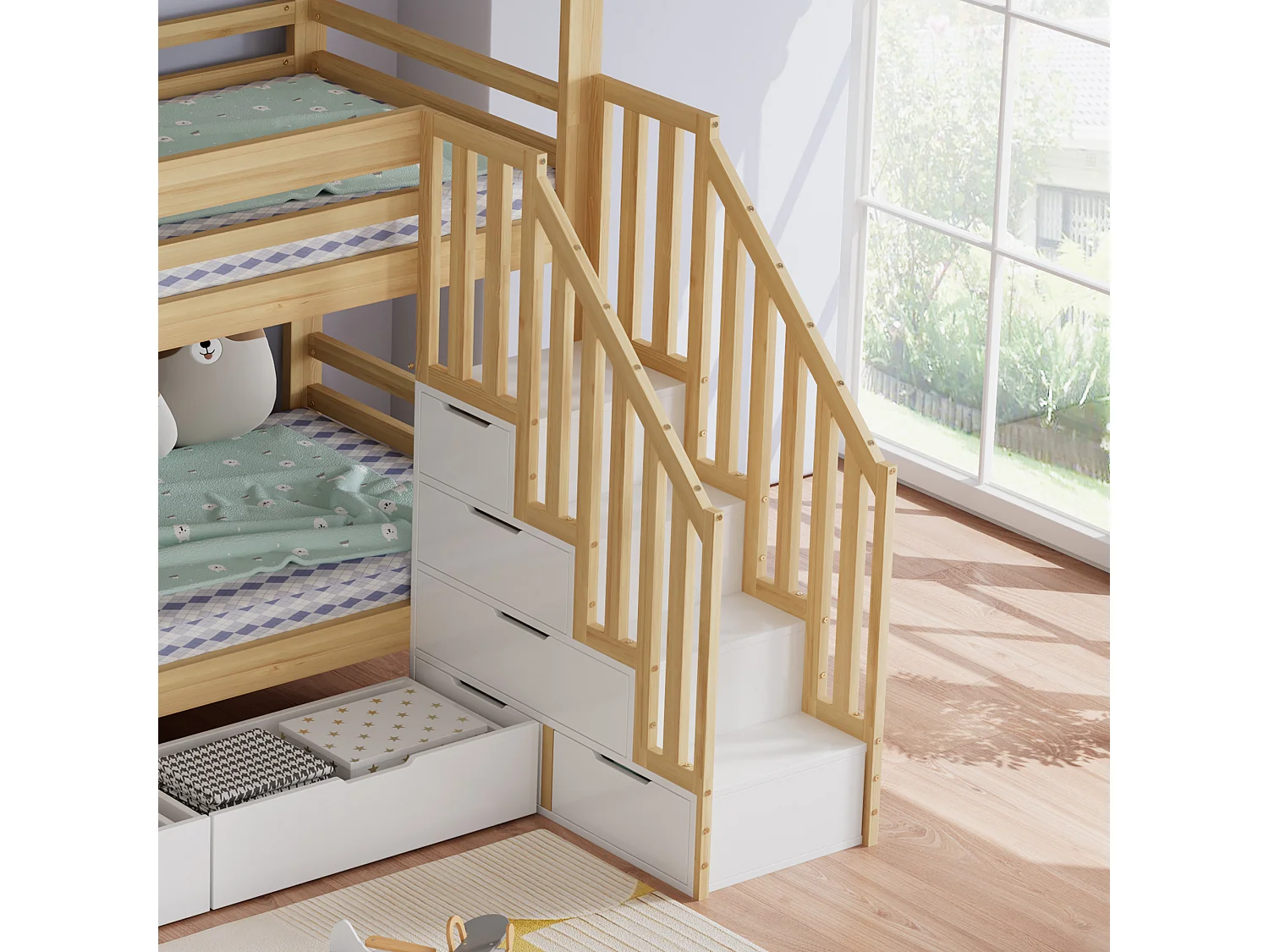Lit superposé pour enfant 90x200 cm avec tiroirs et escalier de rangement, forme de cabine, en bois, naturel, sans matelas