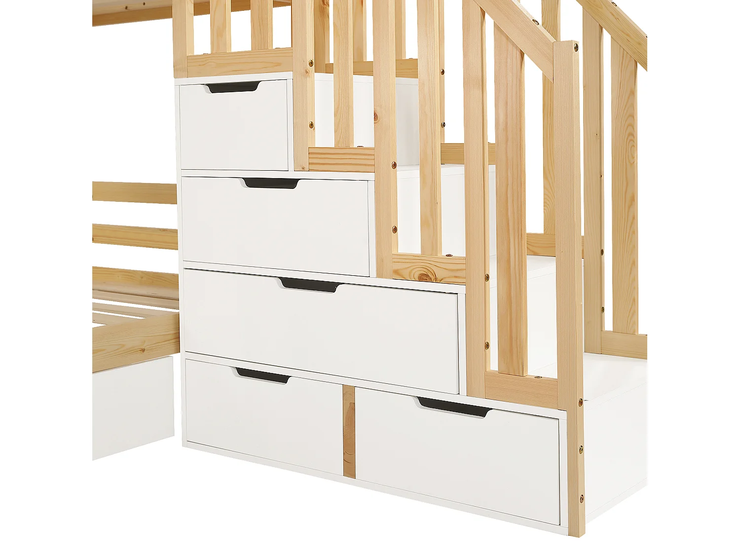 Lit superposé pour enfant 90x200 cm avec tiroirs et escalier de rangement, forme de cabine, en bois, naturel, sans matelas