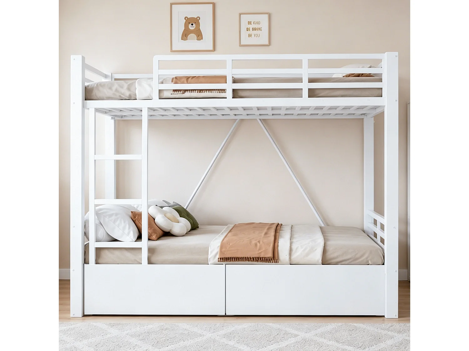 Lit superposé 140x200 cm avec tiroirs et échelle, barrières de sécurité, en métal, blanc, sans matelas