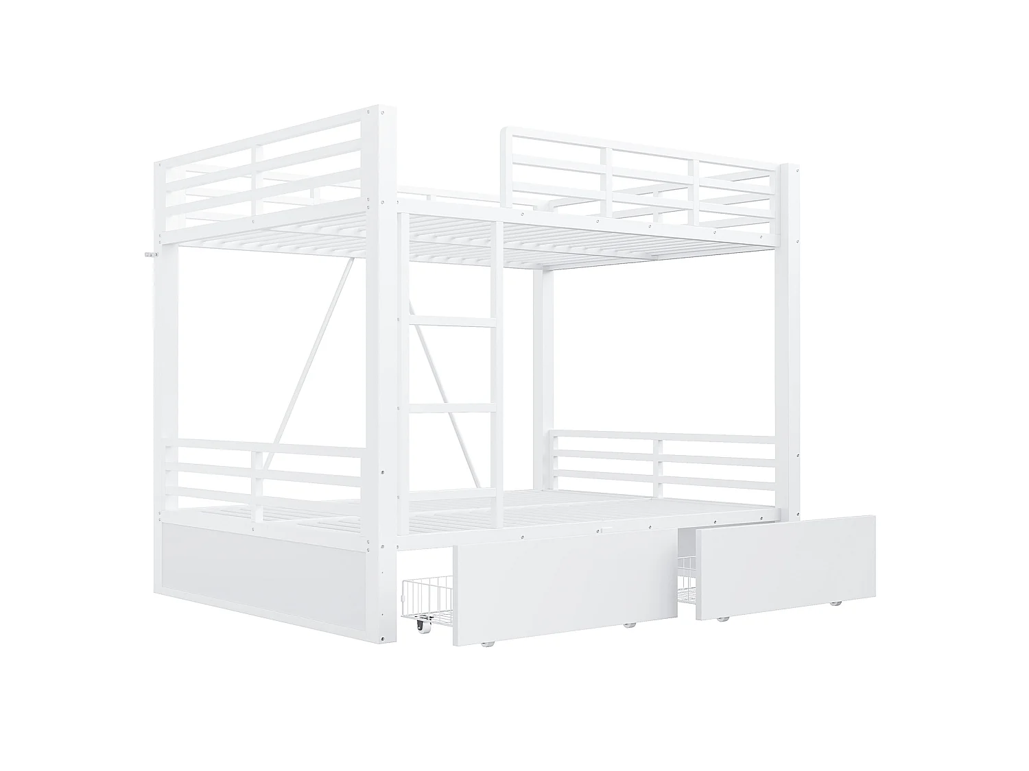 Lit superposé 140x200 cm avec tiroirs et échelle, barrières de sécurité, en métal, blanc, sans matelas