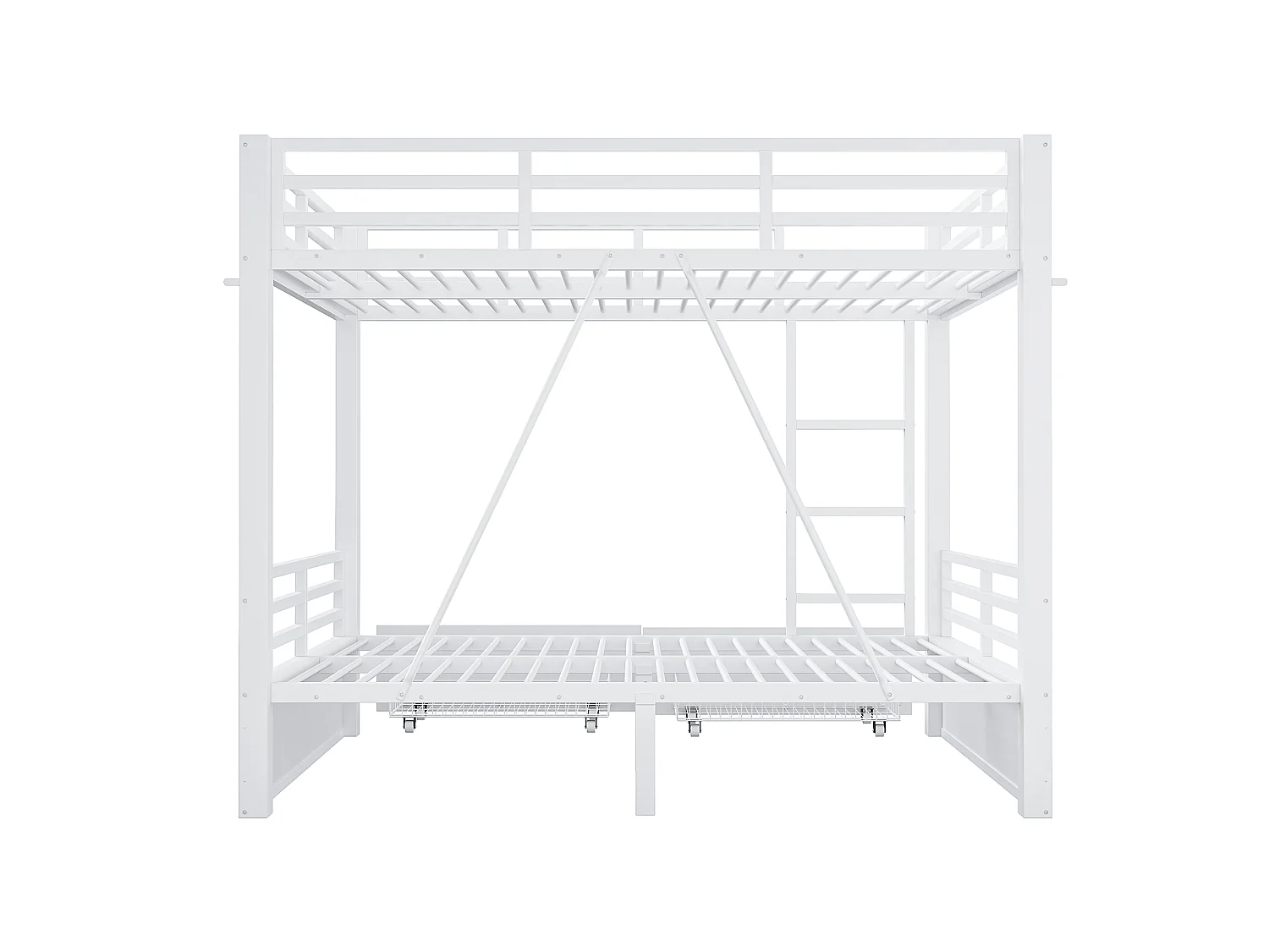 Lit superposé 140x200 cm avec tiroirs et échelle, barrières de sécurité, en métal, blanc, sans matelas